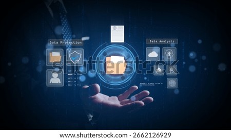 Modern digital interface for big data analysis and secure data protection with file management system in futuristic business concept. 3d Rendering