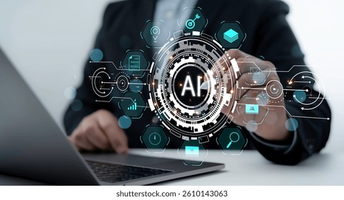 Modern digital interface highlighting artificial intelligence and futuristic icons, symbolizing automation, data processing and smart machine-driven solutions in a high-tech environment