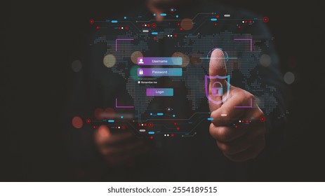 Modern, digital interface login screen with username and password fields, complemented by biometric fingerprint technology for enhanced security in online access