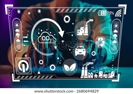 A modern digital interface showcases environmental data focused on carbon dioxide emissions, featuring symbols for industry, sustainability, and energy efficiency.