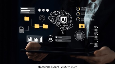A modern digital interface showcasing artificial intelligence visualization and data security elements. Ideal for technology and innovation themes in business and research. Gantry