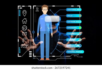 A modern digital interface showcasing a professional's skills and experience with detailed sections for achievements and contact information, emphasizing innovation.