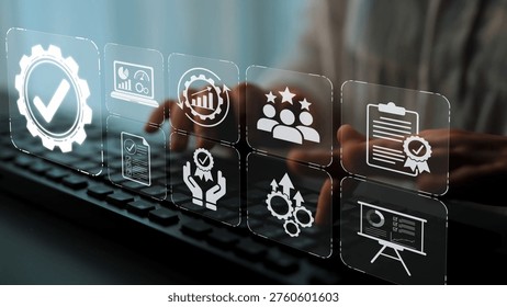 Modern Digital Interface Showing Workflow Management and Quality Assurance with Data Visualization and Analysis Icons for Business Processes Sigmoid