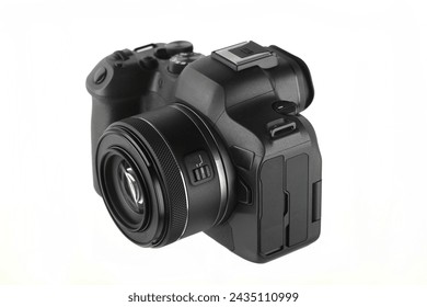 Modern digital mirrorless camera with Lens on a white background.