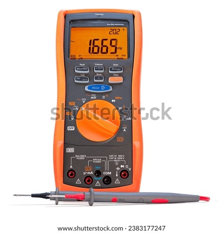 Modern digital multimeter in an orange case with lit display, and red and black measuring probes, against a white background.