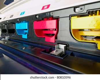 modern digital printing press, concept, closeup of the toner cartridges
