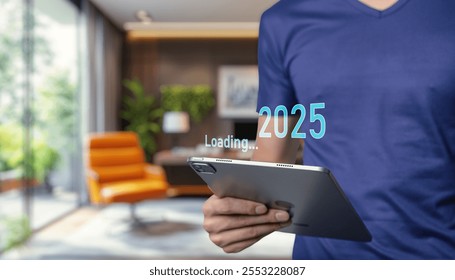modern digital transition concept showing a user loading a futuristic interface on  tablet setting stylish home interior highlighting innovation and technologyProgress and transition 2024 to 2025 