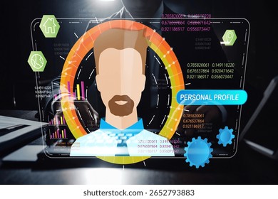 A modern digital user interface featuring a male avatar, analytics graphs, and tools for managing personal profiles in a futuristic technology environment. - Powered by Shutterstock - Get 15% off with code: PIKWIZARD15