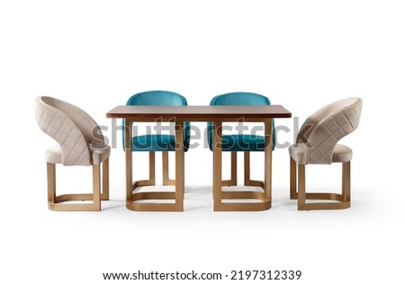 modern dining table and chair isolated on white background .wooden and fabric . kitchen dining table 