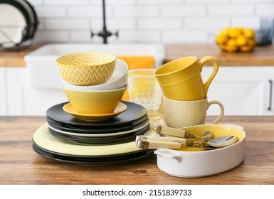 Modern dinnerware on counter in kitchen