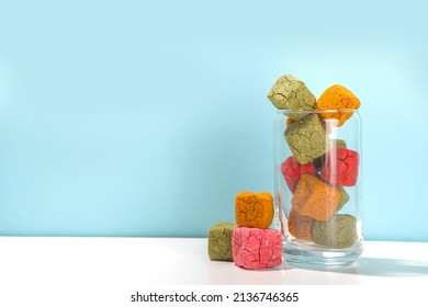 Modern Dissolvable Drinks concept, healthy homemade Dissolvable frozen dried smoothies with vegetables and fruits. Healthy organic snack on white background with frozen dried smoothie cubes 