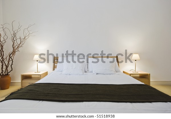 modern double\
bedroom with hard wood\
furniture