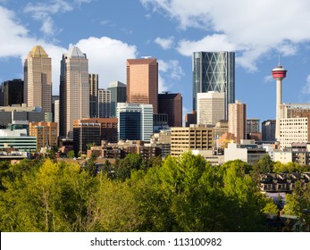 Modern downtown skyline full of skyscrapers - Calgary, Alberta Canada. Two symbols of Calgary downtown are visible - Bow Building (Encana building) and Calgary Tower.