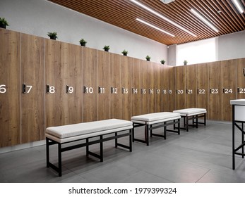Modern dressing room in the elite gym. Wooden lockers for clothes with electronic locks and numbering. Leather-covered metal benches. Decorative flowers. Loft style - Shutterstock ID 1979399324