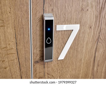 Modern Dressing Room In The Elite Gym. Wooden Lockers For Clothes With Electronic Locks And Numbering. Close-up Of Door Facades