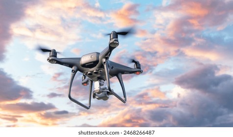 Modern drone with a camera flies in the sky. - Powered by Shutterstock