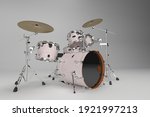 Modern drumset. Drums and cymbals construction on white studio background. Collection of percussion musical instruments. Drumming solo, rock music concert design element