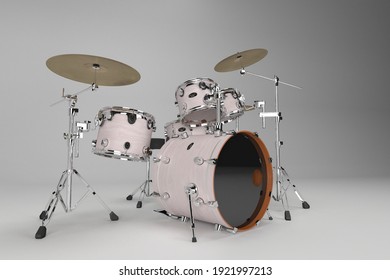 Modern drumset. Drums and cymbals construction on white studio background. Collection of percussion musical instruments. Drumming solo, rock music concert design element