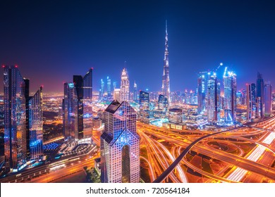 Modern Dubai skyline after the sunset with beautiful city center light, Dubai, United Arab Emirates