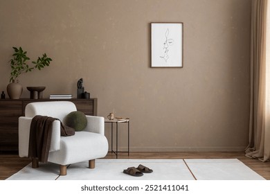 Modern Earth-Tone Interior. An earth-toned, modern living room with cozy furniture and abstract wall art. Perfect for promoting warm, inviting home spaces.