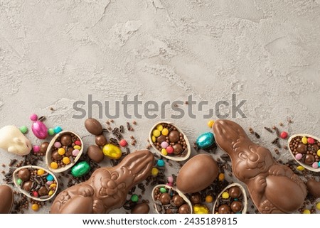 Modern Easter candy presentation. A top-down view of broken chocolate eggs with a bounty of colorful sweets, a chocolate bunnies, and sprinkles on a textured grey backdrop with ample space for text