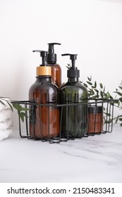 Modern Eco-friendly Storage In The Bathroom In The House. Natural No Plastic Concept. Plastic Reusable Containers For Shampoo, Shower Gel, Hair Conditioner And More.