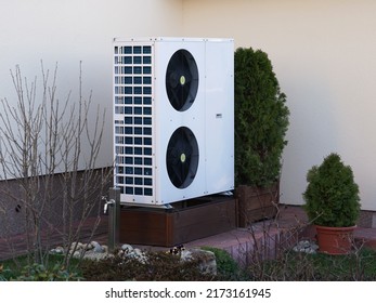 Modern ecological heat pump on garden is popular green energy source of heating, transfers thermal energy between indoor and outdoor, concept