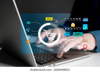 Modern ecommerce platform interface on laptop screen with online shopping cart, payment icons, delivery status, and purchase tracking system, representing smart digital buying experience