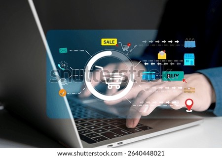 Modern ecommerce platform interface on laptop screen with online shopping cart, payment icons, delivery status, and purchase tracking system, representing smart digital buying experience