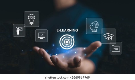 Modern e-learning concept with digital icons of online education, virtual training, knowledge sharing, and technology innovation for remote study and professional development.
