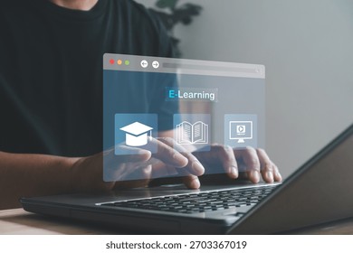 Modern e-learning concept. Man hands typing on a laptop with digital education icons, illustrating online courses, remote learning and virtual study tools for efficient digital knowledge access.