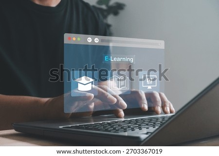 Modern e-learning concept. Man hands typing on a laptop with digital education icons, illustrating online courses, remote learning and virtual study tools for efficient digital knowledge access.