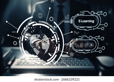 A modern e-learning concept showcasing digital interaction, global connectivity, and innovative education methods for successful online learning experiences.