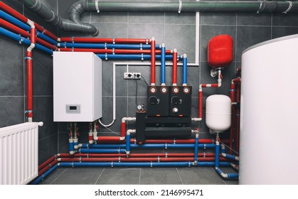A modern electic boiler room. Equipment for modern heating system as a boiler, heater,pipes, expansion tank and other - Shutterstock ID 2146995471