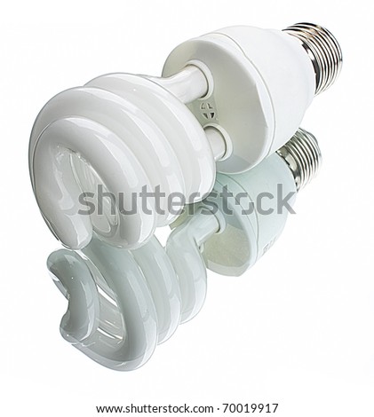 Modern electric bulb with reflection isolated on white background