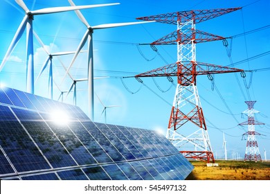 Modern Electric Grid Lines And Renewable Energy Concept With Photovoltaic Panels And Wind Turbines