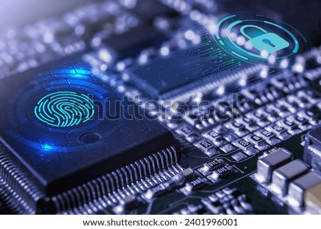 Modern electronic circuit board with processor, integrated circuits and surface mounted passive components close up. Cybersecurity technology background