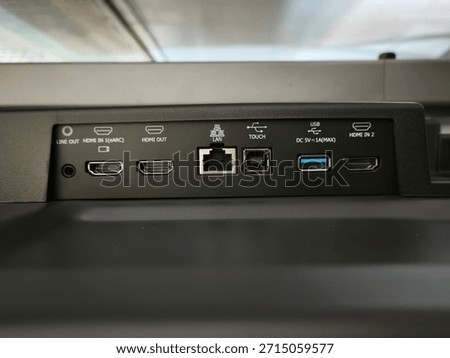 Modern Electronic Connectivity Interface: A Detailed Close-up of a Rear Input Panel Featuring HDMI, LAN, USB, and Audio Ports for Seamless Digital Integration and Hardware Connection