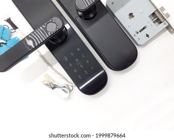 Modern Electronic Door Lock Mechanism with Password and RFID Cards Finger Print Authenticate Technology in White Isolated Background - Shutterstock ID 1999879664