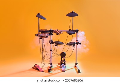 Modern electronic drum kit and smoke on yellow background. Musical instrument - Powered by Shutterstock