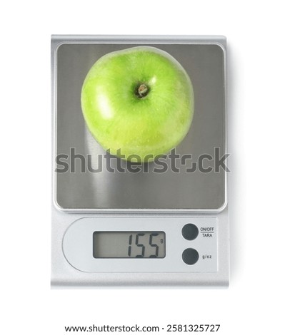 Modern electronic kitchen scale with apple isolated on white, top view
