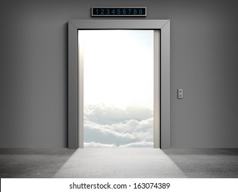 modern elevator with opened doors to sky
