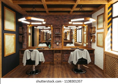modern empty barbershop interior with chairs, mirrors and lamps