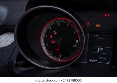 Car​ dashboard​ modern .Empty car fuel gauge Fuel tank gauge indicator on the dashboard Accumulated distance on the car dashboard Digital speedometer.