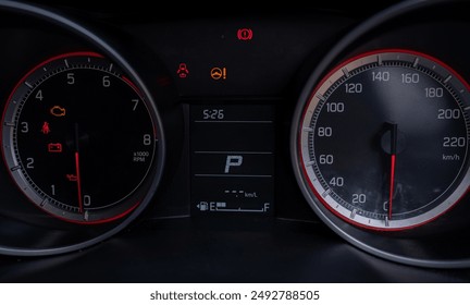 Car​ dashboard​ modern .Empty car fuel gauge Fuel tank gauge indicator on the dashboard Accumulated distance on the car dashboard Digital speedometer.