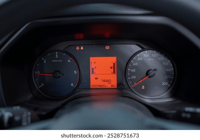 Car​ dashboard​ modern .Empty car fuel gauge Fuel tank gauge indicator on the dashboard Accumulated distance on the car dashboard Digital speedometer. - Powered by Shutterstock