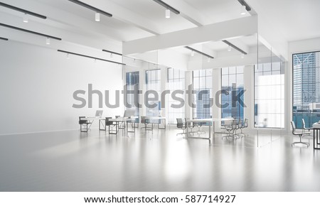 Modern empty elegant office with windows and workplaces. 3D rendering