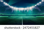 Modern empty football stadium illuminated by spotlights with stages full of spectators ready to watching final game. Concept of professional sport, competition, championship, match, energy