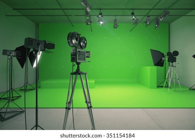 Modern empty green photo studio with  old style movie camera 3D Render