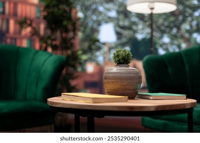Modern empty home interior featuring green chairs and cozy wooden table, natural light. Panoramic view of the forest and contemporary design create a comfortable atmosphere in the cottage.